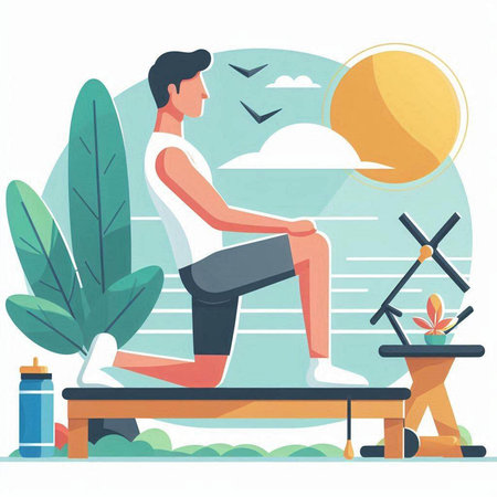 Man doing leg massage on the beach. Vector illustration in flat styleのイラスト素材