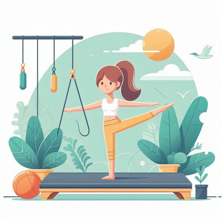 Girl practicing yoga in the gym. Vector illustration in flat style.のイラスト素材