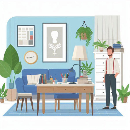 Vector illustration of a man working at home. Workplace in flat styleのイラスト素材