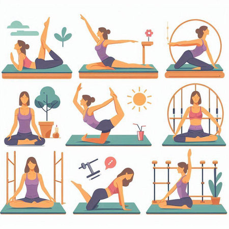 Set of yoga poses. Vector illustration in flat style isolated on white background.のイラスト素材