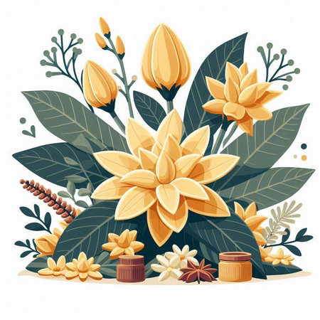 Vector illustration of a bouquet of yellow flowers with leaves and berries.のイラスト素材