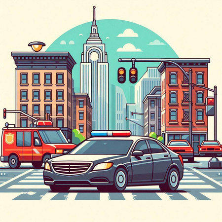 City street with police car. Urban scene. Vector illustration in retro style.のイラスト素材
