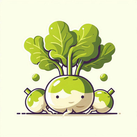 Illustration of a Cute Radish Cartoon Character with Green Leavesのイラスト素材