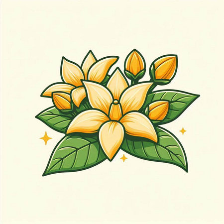 Illustration of yellow flowers with green leaves on a white background.のイラスト素材