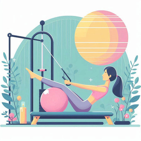 Vector illustration of a girl doing pilates with a pilates machine.のイラスト素材