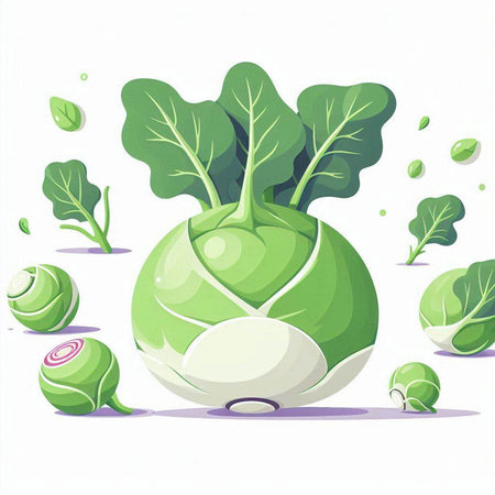 Illustration of fresh green kohlrabi with leaves on white backgroundのイラスト素材