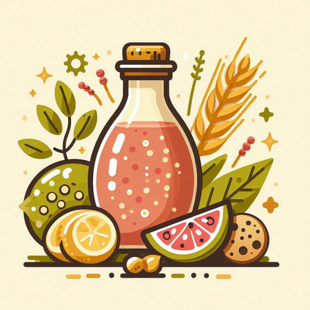 Vector illustration of a bottle of homemade lemonade with fruits and berries.のイラスト素材