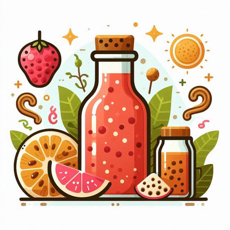 Bottle of smoothie and ingredients on white background. Vector illustration.のイラスト素材