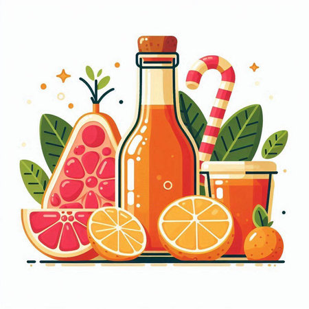 Citrus fruit juice in a bottle. Vector illustration in flat cartoon style.のイラスト素材