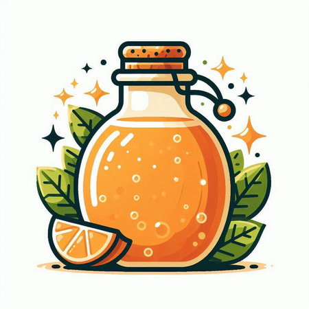 Orange juice in a glass bottle. Hand drawn vector illustration in cartoon style.のイラスト素材
