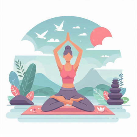 Vector illustration of woman practicing yoga in lotus pose on the nature background.のイラスト素材
