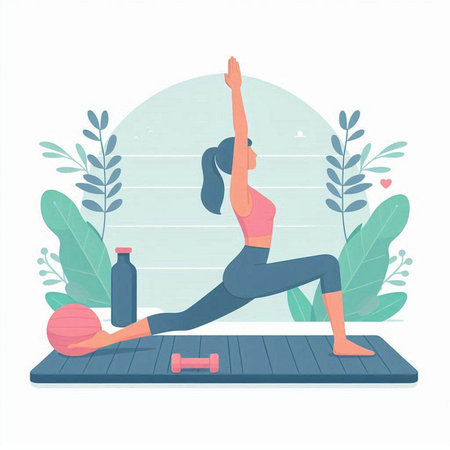 Woman doing yoga in the gym. Vector illustration in a flat style.のイラスト素材