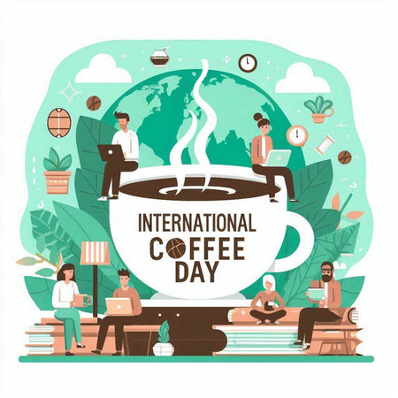 International Coffee Day concept in flat design. Vector illustration for web page, banner, poster and print.のイラスト素材