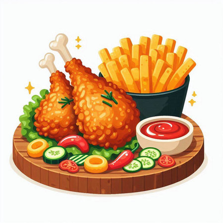 Fried chicken with french fries and tomato sauce. Vector illustration.のイラスト素材