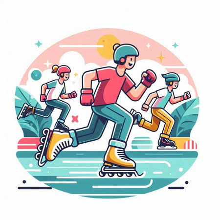 Roller skating, sport, outdoor activity, flat vector illustration.のイラスト素材