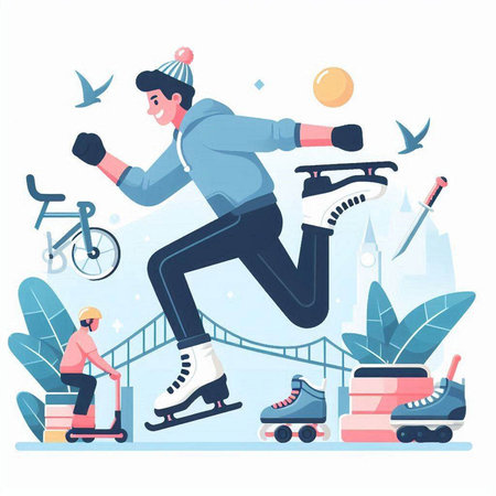 Winter sports flat vector illustration. Man in sportswear and cap riding roller skates on ice rink.のイラスト素材