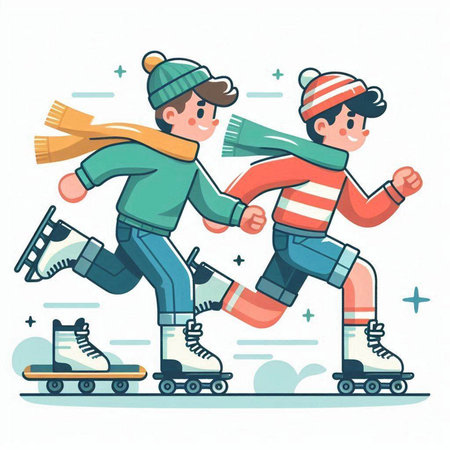 Vector illustration of a young couple skating on roller skates in winter.のイラスト素材