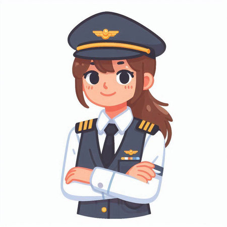 Cute little girl in pilot uniform. Vector illustration in cartoon styleのイラスト素材