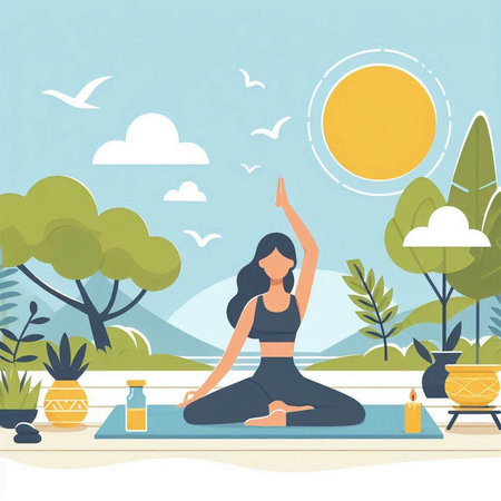 Yoga in the park. Vector illustration in flat design style.のイラスト素材