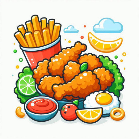 Fried chicken wings with vegetables and sauce. Fast food vector illustrationのイラスト素材