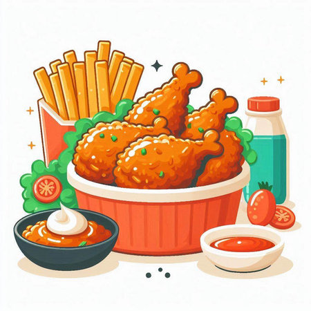 Illustration of fried chicken wings in a bowl with sauce and french friesのイラスト素材