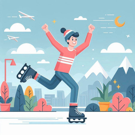 Happy man riding on roller skates in the park. Vector illustrationのイラスト素材