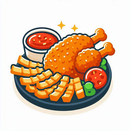 Fried chicken with ketchup and french fries. Vector illustration.のイラスト素材