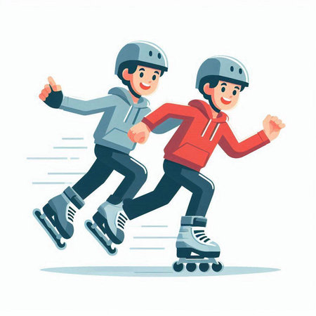 Boy and girl on roller skates. Vector illustration in cartoon style.のイラスト素材
