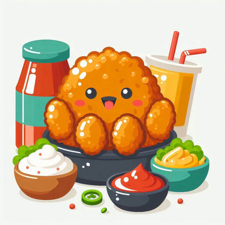 Fried chicken nuggets with sauce and mayonnaise, vector illustrationのイラスト素材