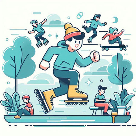 People on roller skates in the park. Flat vector illustration.のイラスト素材