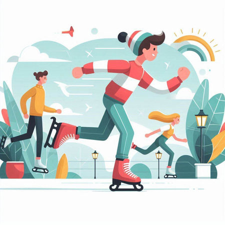 People skating on ice rink flat vector illustration. Cartoon man and woman in sportswear riding on roller skates.のイラスト素材