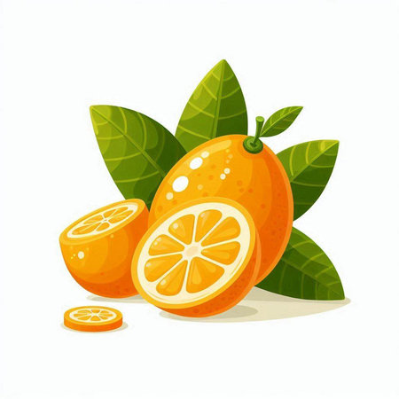 Whole and cut oranges with leaves isolated on white background. Vector illustration.のイラスト素材