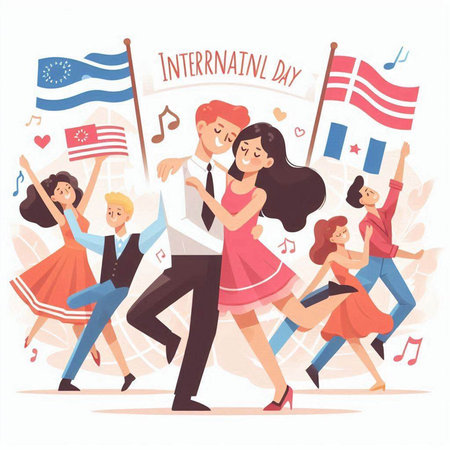 International Day of Families. Group of happy people dancing and holding flags. Vector illustration in flat styleのイラスト素材