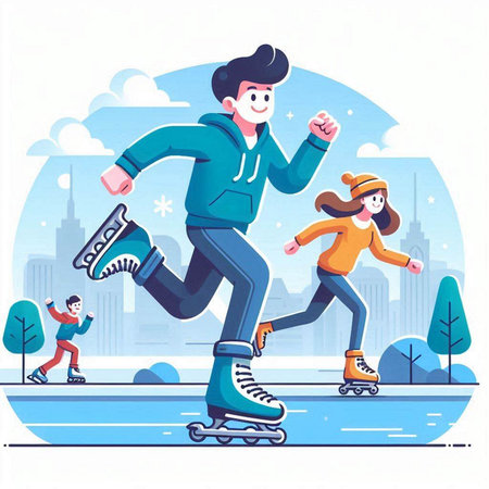 Happy family skating on ice rink. Vector illustration in cartoon style.のイラスト素材