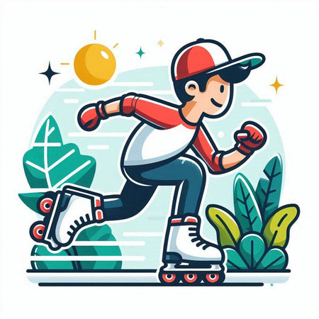 Roller skating vector illustration. Cartoon skater on inline skates in the park.のイラスト素材