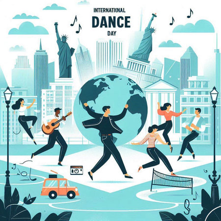 International Day of Dance poster with people dancing around the globe. Vector illustrationのイラスト素材