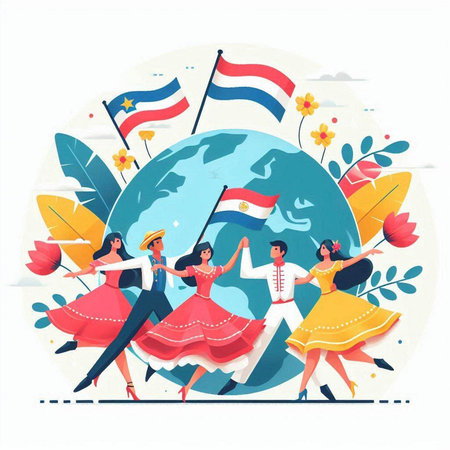 Flat vector illustration of happy young women in national dress dancing around the world.のイラスト素材