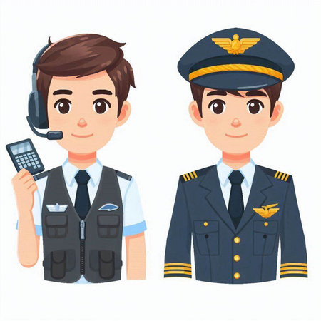 Vector illustration of a male pilot in uniform and call center worker.のイラスト素材