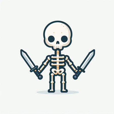 Cute skeleton with sword and knife. Vector cartoon character illustration.のイラスト素材