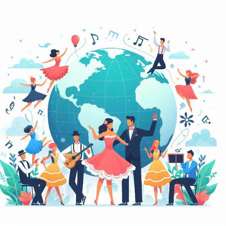 International music festival. Group of dancing people with musical instruments. Flat vector illustration.のイラスト素材