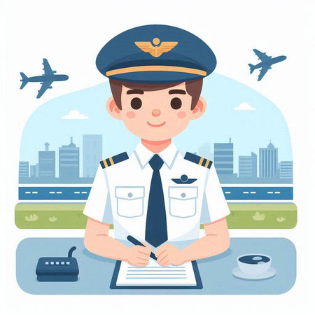 Pilot in uniform on the background of the city. Vector illustrationのイラスト素材