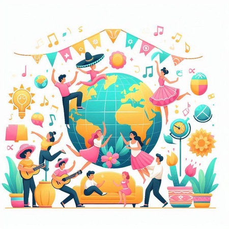 Flat vector illustration of people dancing, singing, playing musical instruments, world music day conceptのイラスト素材