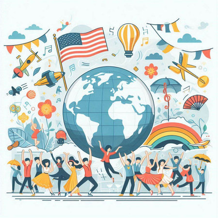 International Day of Peace. Young people dancing around the world. Vector illustrationのイラスト素材