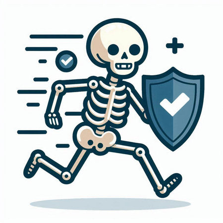 Skeleton running with shield and check mark, vector cartoon illustration.のイラスト素材