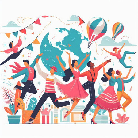 Happy people dancing and jumping around the world. Flat vector illustration.のイラスト素材