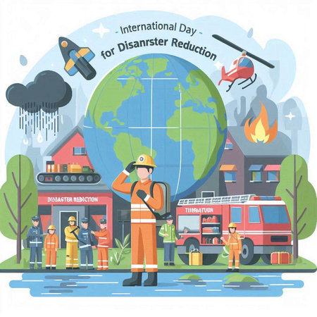 Firefighters and firemen in uniform and helmets on background of firefighting equipment. Flat vector illustration.のイラスト素材