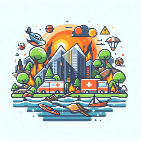Vector illustration of a flat line art design of a city on a lake, ambulance, ambulance, fire truck, houses, trees.のイラスト素材