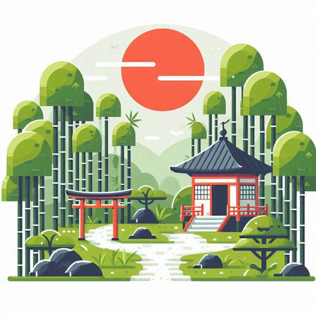 Landscape with traditional japanese house in the forest. Vector illustration.のイラスト素材
