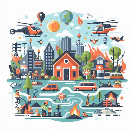 Vector illustration of flat design concept of disaster, fire, accident, quarantine, emergency.のイラスト素材