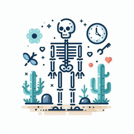 Flat line art vector illustration of a skeleton in the desert.のイラスト素材